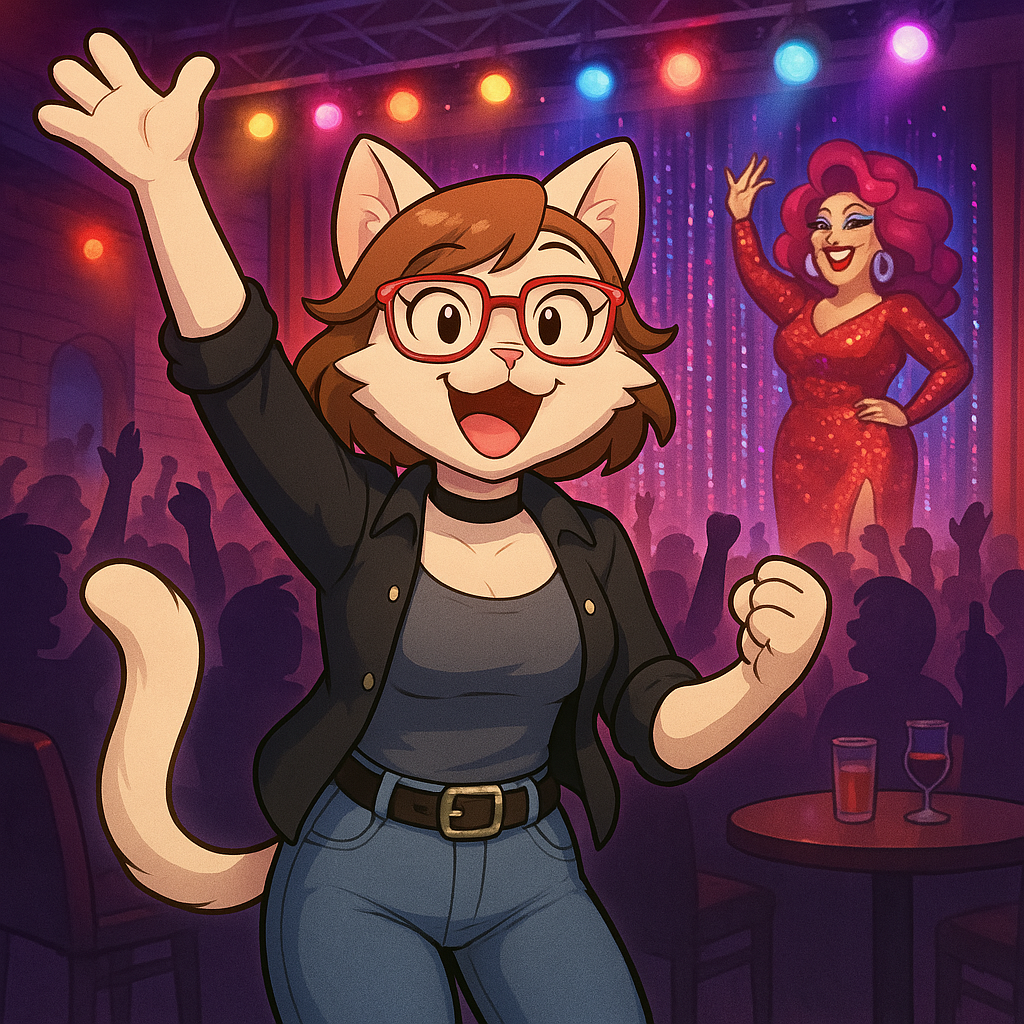 A cartoon cat character cheering enthusiastically at a drag show, wearing glasses and a black jacket